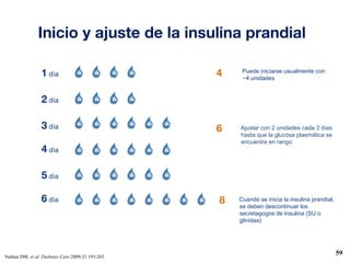 59 
Inicio y ajuste de la insulina prandial 
Cuando se inicia la insulina prandial, 
se deben descontinuar los 
secretagogos de insulina (SU o 
glinidas) 
1 día 
2 día 
3 día 
4 día 
5 día 
6 día 
Nathan DM, et al. Diabetes Care 2009;32 193-203. 
4 
6 
Puede iniciarse usualmente con 
~4 unidades 
Ajustar con 2 unidades cada 3 días 
hasta que la glucosa plasmática se 
encuentre en rango 
8 
 