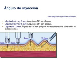 ÁNGULO DE INCLINACIÓN 
Ángulo de inyección 
Para asegurar la inyección subcutánea: 
• Aguja de 4mm y 5 mm: Ángulo de 90° sin pliegue. 
• Aguja de 6mm y 8 mm: Ángulo de 90° con pliegue. 
• Aguja de 13 mm: Ángulo de 45° con pliegue. No recomendable para niños ni 
adolescentes. 
 