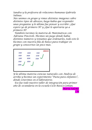 Sandra y la profesora de relaciones humanas Gabriela
Salinas.
Nos unimos en grupo y vimos distintas imágenes sobre
distintos tipos de abrazos, luego había que responder
unas preguntas y lo último fue pensar y escribir: ¿Qué
espero yo de primero H? y ¿Qué le aportaría yo a
primero H?
También tuvimos la materia de Matemáticas con
Adriana Pinciroli. Hicimos un juego donde había
distintos números y teníamos que ordenarlos, todo esto lo
hicimos con nuestra fila de banco para trabajar en
grupo y conocernos un poco más.
Y la ultima materia ciencias naturales con Andrea de
arriba y hicimos un experimento “Pasta para elefantes”,
donde estuvimos en el laboratorio.
Eso fue todo nuestro taller de integración para primer
año de secundaria en la escuela Ciclo Básico Común.
María Salomé
1°H
 