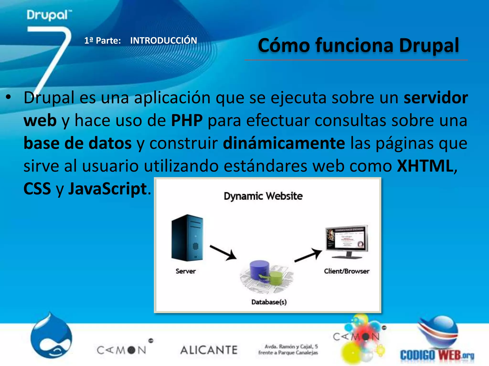 1ª Parte: INTRODUCCIÓN
                                   Cómo funciona Drupal

• Drupal es una aplicación que se ejecuta sobre un servidor
  web y hace uso de PHP para efectuar consultas sobre una
  base de datos y construir dinámicamente las páginas que
  sirve al usuario utilizando estándares web como XHTML,
  CSS y JavaScript.
 