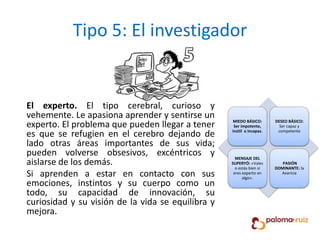 Tipo 5: El investigador
El experto. El tipo cerebral, curioso y
vehemente. Le apasiona aprender y sentirse un
experto. El problema que pueden llegar a tener
es que se refugien en el cerebro dejando de
lado otras áreas importantes de sus vida;
pueden volverse obsesivos, excéntricos y
aislarse de los demás.
Si aprenden a estar en contacto con sus
emociones, instintos y su cuerpo como un
todo, su capacidad de innovación, su
curiosidad y su visión de la vida se equilibra y
mejora.
MIEDO BÁSICO:
Ser impotente,
inútil o incapaz.
DESEO BÁSICO:
Ser capaz y
competente
MENSAJE DEL
SUPERYÓ: «Vales
o estás bien si
eres experto en
algo».
PASIÓN
DOMINANTE: la
Avaricia
 