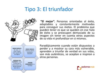 Tipo 3: El triunfador
“El mejor”. Personas orientadas al éxito,
adaptables y constantemente motivadas
para conseguir sus metas. El problema que
pueden tener es que se queden en ese halo
de éxito y se preocupen demasiado de su
imagen sin tener en cuenta otros aspectos
de su vida ni profundizar en si mismos.
Paradójicamente cuando están dispuestos a
perder y a mostrar su cara más vulnerable,
aprenden a triunfar de verdad en sus vidas,
son más auténticos, se aceptan e inspiran a
otras personas.
MIEDO BÁSICO:
No valer, no
tener ningún
valor aparte de
sus logros.
DESEO BÁSICO:
Sentirse valioso,
aceptado y
deseable.
MENSAJE DEL
SUPERYÓ: «Vales
o estás bien si
tienes éxito y los
demás piensan
bien de ti».
PASIÓN
DOMINANTE: La
Vanidad
 