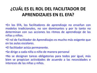 Los EFA crean espacios y situaciones de aprendizaje flexibles y diferentes que permiten alcanzar a las niñas y niños, éxitos escolares LOS ESPACIOS DE FORTALECIMIENTO DE ACTIVIDADES PERMITEN: Las niñas y niños en los EFA, conversan, discuten y ríen cuando trabajan, esto se debe a que el ambiente favorece las relaciones sociales y afectivas, favoreciendo procesos de autonomía, iniciativa personal y autoestima.En un Espacio de Fortalecimiento del Aprendizaje, las niñas y niños pueden trabajar de manera individual, grupal y a diferentes ritmos de aprendizaje e interacción social.La concepción de disciplina cambia de silencio total a un poco de bullicio, esto indica que existe una relación social entre las niñas y niños en el proceso de aprendizaje. A este tipo de disciplina se le conoce como disciplina funcional.