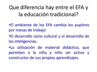 Que diferencia hay entre el EFA y la educación tradicional? El ambiente de los EFA cambia los pupitres por mesas de trabajo