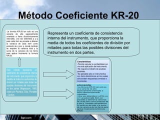 Método Coeficiente KR-20 
Representa un coeficiente de consistencia 
interna del instrumento, que proporciona la 
media de todos los coeficientes de división por 
mitades para todas las posibles divisiones del 
instrumento en dos partes. 
 