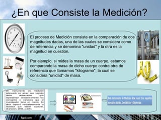 ¿En que Consiste la Medición? 
El proceso de Medición consiste en la comparación de dos 
magnitudes dadas, una de las cuales se considera como 
de referencia y se denomina "unidad" y la otra es la 
magnitud en cuestión. 
Por ejemplo, si mides la masa de un cuerpo, estamos 
comparando la masa de dicho cuerpo contra otra de 
referencia que llamamos "kilogramo", la cual se 
considera "unidad" de masa. 
 