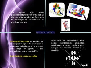 Page 6 
ES aquella que utiliza 
predominantemente información de 
tipo cuantitativo directo. Dentro de 
la investigación cuantitativa se 
pueden observar: 
INVESTIGACION CUANTITATIVA 
Investigación-acción: es un tipo de 
investigación aplicada, destinada a 
encontrar soluciones a problemas 
que tenga un grupo , una 
comunidad, una organización. 
Los diseños experimentales 
hace uso de herramientas tales 
como cuestionarios, encuestas, 
mediciones y otros equipos para 
recoger información numérica o 
medible. 
 