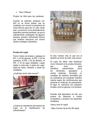  Tubo 2 Ribosa
Prueba de Bial para las pentosas:
Cuando se calientan pentosas con
HCl (c) se forma furfural que se
condensa con orcinol en presencia de
iones férricos para dar un color verde
azul. La reacción no es absolutamente
específica para las pentosas, ya que el
calentamiento prolongado de algunas
hexosas produce hidroximetil furfural
que también reacciona con orcinol
dando complejos coloreados.
Prueba de Lugol.
Tome 4 tubos de ensayo y agregue al
Nº1, 2 ml de glucosa, al Nº2, 2 ml de
sacarosa, al Nº3, 2 ml de almidón, al
Nº4, 2 ml de agua destilada. Luego
añada a cada tubo 2 gotas de Lugol.
Agite los tubos, Observe y anote los
resultados.
¿Cuál tubo tomó color oscuro?
¿Cuál es la importancia del reactivo de
Lugol en la identificación de
carbohidratos?
El tubo número tres el cual era el
almidón se tornó de color más oscuro.
El Lugol Se utiliza esta disolución
como indicador en la prueba del yodo,
que sirve para
identificar polisacáridos como
los almidones, glucógeno y
ciertas dextrinas, formando un
complejo de inclusión termolábil que
se caracteriza por presentar distintos
colores según las ramificaciones que
presente la molécula de polisacárido.
El lugol no reacciona con azúcares
simples como la glucosa o la fructosa.
Durante este laboratorio se hizo una
prueba de Glucemia a ciertos
compañeros y arrojaron los siguientes
resultados:
-Henry vera 81 mg/dl
- Mary Carmen de la Hoz 88 mg/dl
 