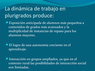 La dinámica de trabajo en
plurigrados produce:
Exposición anticipada de alumnos más pequeños a
contenidos de grados más avanzados y la
multiplicidad de instancias de repaso para los
alumnos mayores.
El logro de una autonomía creciente en el
aprendizaje.
Interacción en grupos ampliados, ya que en el
contexto rural las posibilidades de interacción social
son limitadas.
 