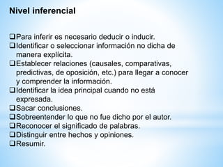 Nivel inferencial
Para inferir es necesario deducir o inducir.
Identificar o seleccionar información no dicha de
manera explícita.
Establecer relaciones (causales, comparativas,
predictivas, de oposición, etc.) para llegar a conocer
y comprender la información.
Identificar la idea principal cuando no está
expresada.
Sacar conclusiones.
Sobreentender lo que no fue dicho por el autor.
Reconocer el significado de palabras.
Distinguir entre hechos y opiniones.
Resumir.
 