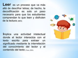 Leer es un proceso que va más
allá de descifrar letras; de hecho, la
decodificación es solo un paso
necesario para que los estudiantes
comprendan lo que leen y disfruten
de la lectura (MEN)
Implica una actividad intelectual
donde el lector interactúa con el
texto escrito para extraer un
significado mediante la interrelación
del conocimiento del lector y el
contenido del texto (Fraca, 2003).
 