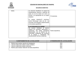 COLEGIO DE BACHILLERES DE CHIAPAS
SECUENCIA DIDÁCTICA
claras. Los alumnos identifican en equipo las
características internas y externas de
cada uno de los textos así como su
función, y lo representan en un cuadro
sinóptico.
En equipo redactan15 oraciones,
donde intervengan cada una de las
funciones del lenguaje predominantes
en los textos expositivos.
15 oraciones.
F) ACTIVIDADES DE CIERRE
De manera individual, el alumno
redacta con precisión, adecuación y
coherencia, dos textos expositivos
relacionados con la historia de su
comunidad, empleando las funciones
de la lengua y respetando las
características internas y externas.
Textos expositivos.
H) INSTRUMENTOS DE LA EVALUACIÓN I) PONDERACIÓN DE LA EVALUACIÓN
Rúbrica para evaluar reporte de investigación.
Lista de cotejo para evaluar cuadro sinóptico.
Lista de cotejo para evaluar oraciones.
Rúbrica para evaluar redacción de textos expositivos.
30%
20%
20%
30%
 