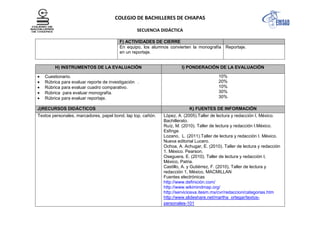 COLEGIO DE BACHILLERES DE CHIAPAS
SECUENCIA DIDÁCTICA
F) ACTIVIDADES DE CIERRE
En equipo, los alumnos convierten la monografía
en un reportaje.
Reportaje.
H) INSTRUMENTOS DE LA EVALUACIÓN I) PONDERACIÓN DE LA EVALUACIÓN
Cuestionario.
Rúbrica para evaluar reporte de investigación .
Rúbrica para evaluar cuadro comparativo.
Rúbrica para evaluar monografía.
Rúbrica para evaluar reportaje.
10%
20%
10%
30%
30%
J)RECURSOS DIDÁCTICOS K) FUENTES DE INFORMACIÓN
Textos personales, marcadores, papel bond, lap top, cañón. López, A. (2005).Taller de lectura y redacción I, México.
Bachillerato.
Ruíz, M. (2010). Taller de lectura y redacción I.México.
Esfinge.
Lozano, L. (2011).Taller de lectura y redacción I. México.
Nueva editorial Lucero.
Ochoa, A. Achugar, E. (2010). Taller de lectura y redacción
1. México. Pearson.
Oseguera, E. (2010). Taller de lectura y redacción I,
México, Patria.
Castillo, A. y Gutiérrez, F. (2010), Taller de lectura y
redacción 1, México, MACMILLAN
Fuentes electrónicas
http://www.definición.com/
http://www.wikimindmap.org/
http://serviciosva.itesm.mx/cvr/redaccion/categorias.htm
http://www.slideshare.net/martha_ortegar/textos-
personales-101
 