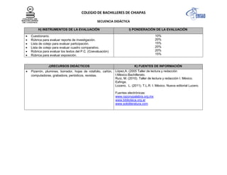 COLEGIO DE BACHILLERES DE CHIAPAS
SECUENCIA DIDÁCTICA
H) INSTRUMENTOS DE LA EVALUACIÓN I) PONDERACIÓN DE LA EVALUACIÓN
Cuestionario.
Rúbrica para evaluar reporte de investigación.
Lista de cotejo para evaluar participación.
Lista de cotejo para evaluar cuadro comparativo.
Rúbrica para evaluar los textos del P.C. (Coevaluación)
Rúbrica para evaluar exposición.
10%
20%
15%
20%
20%
15%
J)RECURSOS DIDÁCTICOS K) FUENTES DE INFORMACIÓN
Pizarrón, plumines, borrador, hojas de rotafolio, cañón,
computadoras, grabadora, periódicos, revistas.
López,A. (2005 Taller de lectura y redacción
I.México.Bachillerato.
Ruíz, M. (2010). Taller de lectura y redacción I. México.
Esfinge.
Lozano, L. (2011). T.L.R. I. México. Nueva editorial Lucero.
Fuentes electrónicas:
www.razonypalabra.org.mx
www.biblioteca.org.ar
www.sololiteratura.com
 