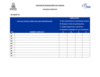 COLEGIO DE BACHILLERES DE CHIAPAS
SECUENCIA DIDÁCTICA
BLOQUE VII
LISTA DE COTEJO PARA EVALUAR PARTICIPACIÓN
SIMBOLOGÍA:
A: Sus comentarios son pertinentes al tema.
B: Respeta el orden de participación.
C: Acepta sugerencias u opiniones.
D: Respeta la ideología de sus compañeros.
NO. NOMBRE COMPLETO A B C D
01
02
03
04
05
06
07
08
09
10
 