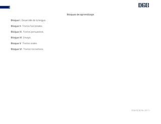 DGB/DCA/06-2017/
7
Bloques de aprendizaje
Bloque I. Desarrollo de la lengua.
Bloque II. Textos funcionales.
Bloque III. Textos persuasivos.
Bloque IV. Ensayo.
Bloque V. Textos orales.
Bloque VI. Textos recreativos.
 