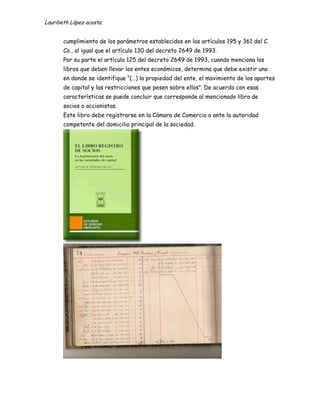 Lauribeth López acosta.


       cumplimiento de los parámetros establecidos en los artículos 195 y 361 del C.
       Co., al igual que el artículo 130 del decreto 2649 de 1993.
       Por su parte el artículo 125 del decreto 2649 de 1993, cuando menciona los
       libros que deben llevar los entes económicos, determina que debe existir uno
       en donde se identifique “(…) la propiedad del ente, el movimiento de los aportes
       de capital y las restricciones que pesen sobre ellos”. De acuerdo con esas
       características se puede concluir que corresponde al mencionado libro de
       socios o accionistas.
       Este libro debe registrarse en la Cámara de Comercio o ante la autoridad
       competente del domicilio principal de la sociedad.
 