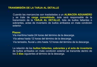 TRANSMISIÒN DE LA  TARJA AL DETALLE Cuando las mercancías son trasladadas a un  ALMACEN ADUANERO  y se trate de  carga consolidada , éste será responsable de la transmisión de la  TARJA AL DETALLE , lista de bultos faltantes o sobrantes, actas de inventario de bultos  arribados en mala condición exterior . Plazos: Vía marítima hasta 24 horas del término de la descarga. Vía aérea hasta 12 horas del término de la descarga. Vía terrestre, fluvial u otro hasta 12 horas del término de la descarga. La relación de los  bultos faltantes, sobrantes y el acta de inventario   de bultos arribados en mala condición exterior se transmite dentro de los  2 días   siguientes al término de la descarga. 
