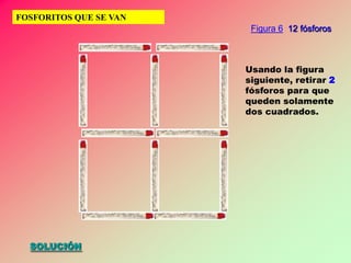 FOSFORITOS QUE SE VAN
                         Figura 6 12 fósforos



                        Usando la figura
                        siguiente, retirar 2
                        fósforos para que
                        queden solamente
                        dos cuadrados.




  SOLUCIÓN
 
