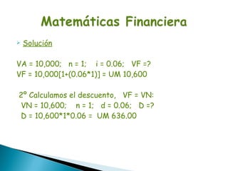    Solución

VA = 10,000; n = 1; i = 0.06; VF =?
VF = 10,000[1+(0.06*1)] = UM 10,600

2º Calculamos el descuento, VF = VN:
VN = 10,600; n = 1; d = 0.06; D =?
D = 10,600*1*0.06 = UM 636.00
 