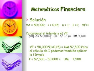Matemáticas Financiera

   Solución
VA = 50,000; i = 0.15; n = 1; I =?; VF=?

Calculamos el interés y el VF:



     VF = 50,000*(1+0.15) = UM 57,500 Para
    el cálculo de I podemos también aplicar
    la fórmula
    I = 57,500 - 50,000 = UM 7,500
 