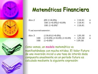 Matemáticas Financiera




Como vemos, un modelo matemático va
manifestándose con mucha nitidez. El Valor Futuro
de una inversión inicial a una tasa de interés dada
compuesta anualmente en un período futuro es
calculado mediante la siguiente expresión:
 