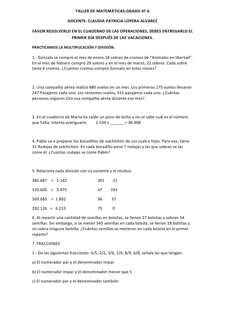 Taller de matemáticas grado 4