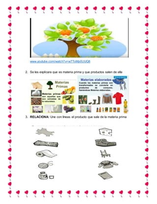 www.youtube.com/watch?v=w7ToMp0UUQ8
2. Se les explicara que es materia prima y que productos salen de ella
3. RELACIONA: Une con líneas el producto que sale de la materia prima