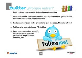 ¿Porqué entrar?
1. Fácil y rápido: no necesita dedicación como un blog.

2. Conexión en red: relación constante, fluida y directa con gente de todo
   el mundo –conocidos y desconocidos.

3. Posicionamiento: en nicho profesional o de mercado. Marca/identidad

4. Tráfico: a tu web, página de FB, tu blog

5. Empresas: marketing, atención
   al cliente, escucha activa,
   promoción de productos,
   destinos, etc




                                   142
 