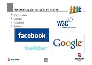 Herramientas de marketing en internet

•   Página Web
•   Google
•   Facebook
•   Twitter




                              15
 