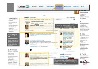 3.Empleos
                                                                         Los grupos
                                                                         permiten
                                                                         publicar ofertas
 1.Debates                                                               de empleo

 Puedes
 participar en el                                                        4.
 grupo,                                                                  Subgrupos
 conversando en                 Podrás ver la actividad en el            Los grupos
 un debate ya                   grupo de las personas a las              permiten crear
 abierto o                                                               subgrupos. Estas
                                que sigues                               tienen las mismas
 abriendo uno tu
                                                                         funcionalidades.
 mismo/a

Puedes seguir
                                                                         5. Más
                                                                         Aquí podrás ver
los                                                                      - Quienes son y
comentarios                                                              cuantos son lo
que se hagan en los                                                      miembros del
debates y/o noticias.                                                    grupo
Recibirás en tu                                                          _ Todas las
correo electrónico                                                       actualizaciones
todos los                                                                del grupo
comentarios que se                                                       - Gestionar tu
hagan.                                                                   configuración
2. Noticias                                                              del grupo
Puedes compartir
una noticia
interesante e                                                            6. Perfil
incluso comentar                                                         Aquí se muestra
                                                                         el perfil público
alguna ya
                                                                         del grupo
publicada.
También puedes
                              Resumen de actualizaciones
                              Podrás ver las actualizaciones del grupo
integrar fuentes
                              de los últimos 7 días
RSS de interés          164
 