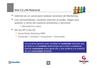 Web 2.0 y Mk Relacional

•   Internet es un canal para realizar acciones de Marketing.
•   Los consumidores, usuarios asumen el poder, eligen qué
    quieren y cómo de nuestros productos y servicios.
        • (Microsiervos e Ikea)
•   De los 4P a las 4C
     •   Social Media Marketing SMM
     •   Contenido + Contexto + Conexiones + Comunidad


               Los usuarios generan gran cantidad de contenido relevante que
               se sitúa en un contexto determinado que lo lleva a establecer
               buenas conexiones entre gente afín y que conlleva a la creación
               de una comunidad alrededor.




                                       18
 