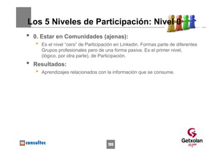 Los 5 Niveles de Participación: Nivel 0
•   0. Estar en Comunidades (ajenas):
    •   Es el nivel “cero” de Participación en Linkedin. Formas parte de diferentes
        Grupos profesionales pero de una forma pasiva. Es el primer nivel,
        (lógico, por otra parte), de Participación.
•   Resultados:
    •   Aprendizajes relacionados con la información que se consume.




                                        193
 