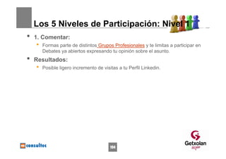 Los 5 Niveles de Participación: Nivel 1
•   1. Comentar:
    •   Formas parte de distintos Grupos Profesionales y te limitas a participar en
        Debates ya abiertos expresando tu opinión sobre el asunto.
•   Resultados:
    •   Posible ligero incremento de visitas a tu Perfil Linkedin.




                                         194
 