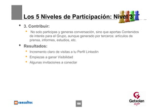 Los 5 Niveles de Participación: Nivel 3
•   3. Contribuir:
    •   No solo participas y generas conversación, sino que aportas Contenidos
        de interés para el Grupo, aunque generado por terceros: artículos de
        prensa, informes, estudios, etc.
•   Resultados:
    •   Incremento claro de visitas a tu Perfil Linkedin
    •   Empiezas a ganar Visibilidad
    •   Algunas invitaciones a conectar




                                        196
 