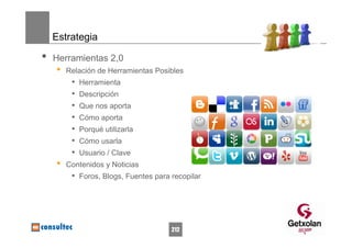 Estrategia

•   Herramientas 2,0
    •   Relación de Herramientas Posibles
         •   Herramienta
         •   Descripción
         •   Que nos aporta
         •   Cómo aporta
         •   Porqué utilizarla
         •   Cómo usarla
         •   Usuario / Clave
    •   Contenidos y Noticias
         • Foros, Blogs, Fuentes para recopilar




                                      212
 