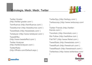 Estrategia, Medir, Medir, Twitter


Twitter Grader                                   TwitterSpy (http://twitspy.com/ )
(http://twitter.grader.com/ )                    Twittsscoop (http://www.twitscoop.com/
Twinfluence (http://twinfluence.com/ )           )
Tweetburner (http://tweetburner.com/ )           Twitter Friends (http://twitter-
TweetStats (http://tweetstats.com/ )             friends.com/ )
Twitalyzer (http://www.twitalyzer.com/ )         Trendistic (http://trendistic.com )
TweetEffec                                       We Follow (http://wefollow.com )
(http://www.tweeteffect.com/ )                   FileTWT (http://www.filetwt.com )
Twitter Analyzer                                 TweetStats (http://tweetstats.com/ )
(http://twitteranalyzer.com/ )                   TweetRush (http://tweetrush.com/ )
TwitterRatio                                     TweetReach (http://tweetreach.com/ )
(http://tffratio.com/Default.aspx )
                                                 Twitterless (http://www.twitterless.com/
                                                 )


                                           233
 