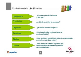 Contenido de la planificación

                       ¿Cual es la situación actual
Diagnóstico
                       y por qué?

Pronóstico
                       ¿A dónde se dirige la empresa?


Objetivos               ¿A dónde debería dirigirse?


                       ¿Cuál es el mejor modo de llegar al
Estrategia
                       punto señalado?

                       ¿Qué acciones específicas deberán emprenderse,
Táctica                por quien, cuando y cómo?

                       ¿Qué medidas deberán vigilarse que
Control                sean indicadoras del éxito y prevean
                       las contingencias?


                           26
 