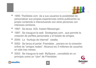 •   1995: TheGlobe.com da a sus usuarios la posibilidad de
    personalizar sus propias experiencias online publicando su
    propio contenido e interactuando con otras personas con
    intereses similares.
•   1997: Se lanza AOL Instant Messenger .
•   1997: Se inaugura la web Sixdegrees.com , que permite la
    creación de perfiles personales y el listado de amigos.
•   2000: La “burbuja de internet” estalla.
•   2002: Se lanza el portal Friendster , pionero en la conexión
    online de “amigos reales”. Alcanza los 3 millones de usuarios
    en sólo tres meses.
•   2003: Se inaugura la web MySpace , concebida en un
    principio como un “clon” de Friendster.

                                 95
 