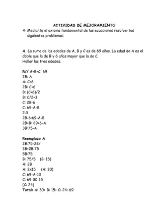 ACTIVIDAD DE MEJORAMIENTO
 Mediante el axioma fundamental de las ecuaciones resolver los
  siguientes problemas:



A. La suma de las edades de A, B y C es de 69 años. La edad de A es el
doble que la de B y 6 años mayor que la de C.
Hallar las tres edades.

R// A+B+C: 69
2B: A
A: C+6
2B: C+6
B: (C+6)/2
B: C/2+3
C: 2B-6
C: 69-A-B
2:3
2B-6:69-A-B
2B+B: 69+6-A
3B:75-A

Reemplazo A
3B:75-2B/
3B+2B:75
5B:75
B: 75/5 (B: 15)
A: 2B
A: 2x15 (A: 30)
C: 69-A-13
C: 69-30-15
(C: 24)
Total: A: 30+ B: 15+ C: 24: 69
 