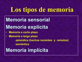 Los tipos de memoria
Memoria sensorial
Memoria explícita
• Memoria a corto plazo
• Memoria a largo plazo
     episódica (hechos recientes y remotos)
     semántica

Memoria implícita
 