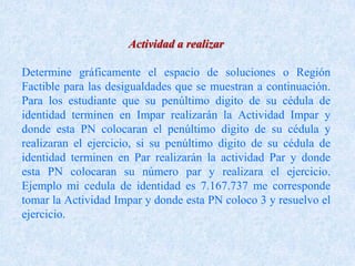 Actividad a realizar
Determine gráficamente el espacio de soluciones o Región
Factible para las desigualdades que se muestran a continuación.
Para los estudiante que su penúltimo digito de su cédula de
identidad terminen en Impar realizarán la Actividad Impar y
donde esta PN colocaran el penúltimo digito de su cédula y
realizaran el ejercicio, si su penúltimo digito de su cédula de
identidad terminen en Par realizarán la actividad Par y donde
esta PN colocaran su número par y realizara el ejercicio.
Ejemplo mi cedula de identidad es 7.167.737 me corresponde
tomar la Actividad Impar y donde esta PN coloco 3 y resuelvo el
ejercicio.
 