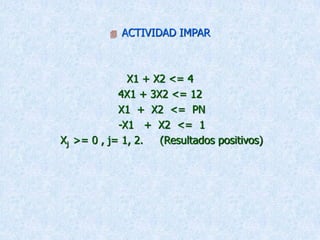  ACTIVIDAD IMPAR
X1 + X2 <= 4
4X1 + 3X2 <= 12
X1 + X2 <= PN
-X1 + X2 <= 1
Xj >= 0 , j= 1, 2. (Resultados positivos)
 