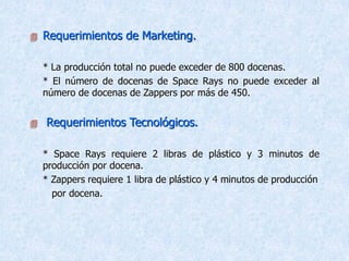 Requerimientos de Marketing.
* La producción total no puede exceder de 800 docenas.
* El número de docenas de Space Rays no puede exceder al
número de docenas de Zappers por más de 450.
 Requerimientos Tecnológicos.
* Space Rays requiere 2 libras de plástico y 3 minutos de
producción por docena.
* Zappers requiere 1 libra de plástico y 4 minutos de producción
por docena.
 