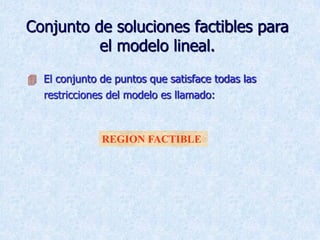 Conjunto de soluciones factibles para
el modelo lineal.
 El conjunto de puntos que satisface todas las
restricciones del modelo es llamado:
REGION FACTIBLE
 