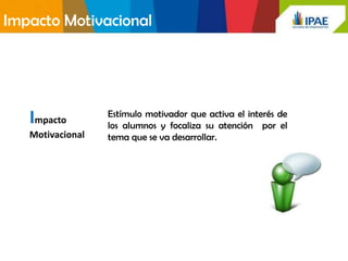 Impacto Motivacional




                  Estímulo motivador que activa el interés de
   Impacto        los alumnos y focaliza su atención por el
   Motivacional   tema que se va desarrollar.
 