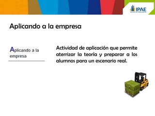 Aplicando a la empresa

              Actividad de aplicación que permite
              aterrizar la teoría y preparar a los
              alumnos para un escenario real.
 