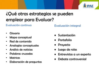 ¿Qué otras estrategias se pueden
emplear para Evaluar?
Evaluación continua            Evaluación integral

•   Glosario
                               •   Sustentación
•   Mapa conceptual
•   Red de contenido           •   Portafolio
•   Analogías conceptuales     •   Proyecto
•   Análisis de noticias       •   Juego de roles
•   Palabras cruzadas          •   Entrevistas a un experto
•   Matrices                   •   Debate controversial
•   Elaboración de preguntas
 