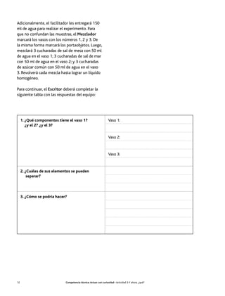 Adicionalmente, el facilitador les entregará 150
ml de agua para realizar el experimento. Para
que no confundan las muestras, el Mezclador
marcará los vasos con los números 1, 2 y 3. De
la misma forma marcará los portaobjetos. Luego,
mezclará 3 cucharadas de sal de mesa con 50 ml
de agua en el vaso 1; 3 cucharadas de sal de mar
con 50 ml de agua en el vaso 2; y 3 cucharadas
de azúcar común con 50 ml de agua en el vaso
3. Revolverá cada mezcla hasta lograr un líquido
homogéneo.

Para continuar, el Escritor deberá completar la
siguiente tabla con las respuestas del equipo:




     1. ¿Qué componentes tiene el vaso 1?                          Vaso 1:
        ¿y el 2? ¿y el 3?

                                                                   Vaso 2:



                                                                   Vaso 3:



     2. ¿Cuáles de sus elementos se pueden
         separar?



     3. ¿Cómo se podría hacer?




12                           Competencia técnica: Actuar con curiosidad • Actividad 3: Y ahora, ¿qué?
 