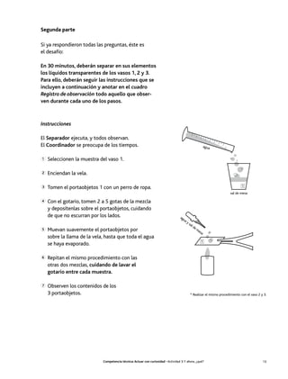 Segunda parte

Si ya respondieron todas las preguntas, éste es
el desafío:

En 30 minutos, deberán separar en sus elementos
los líquidos transparentes de los vasos 1, 2 y 3.
Para ello, deberán seguir las instrucciones que se
incluyen a continuación y anotar en el cuadro
Registro de observación todo aquello que obser-
ven durante cada uno de los pasos.



Instrucciones

El Separador ejecuta, y todos observan.
El Coordinador se preocupa de los tiempos.                                                                    agua


1   Seleccionen la muestra del vaso 1.

2   Enciendan la vela.

                                                                                                                                   1
3   Tomen el portaobjetos 1 con un perro de ropa.
                                                                                                                           sal de mesa

4   Con el gotario, tomen 2 a 5 gotas de la mezcla
    y deposítenlas sobre el portaobjetos, cuidando
    de que no escurran por los lados.                                               ag
                                                                                      ua
                                                                                           ys
                                                                                             al
                                                                                                  de
5   Muevan suavemente el portaobjetos por                                                              me
                                                                                                         sa
    sobre la llama de la vela, hasta que toda el agua
                                                                                                            1
    se haya evaporado.

6   Repitan el mismo procedimiento con las
    otras dos mezclas, cuidando de lavar el
    gotario entre cada muestra.

7   Observen los contenidos de los
    3 portaobjetos.                                                                             * Realizar el mismo procedimiento con el vaso 2 y 3.




                             Competencia técnica: Actuar con curiosidad • Actividad 3: Y ahora, ¿qué?                                            13
 